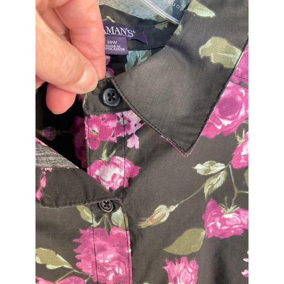 Roaman's Top Women's 20W Pink Rose on Black Long Sleeve Button Up Office Casual - Picture 3 of 10